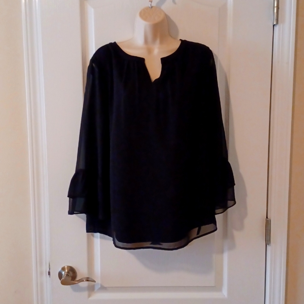 TALBOTS Women's V-Neck Sheer Sleeve Bell Cuff Blouse Size Large